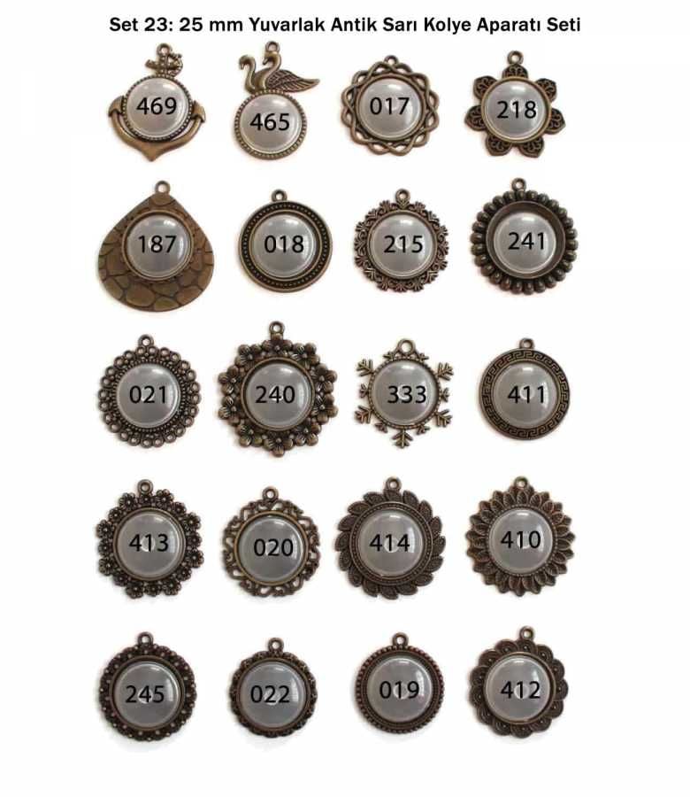 Set 23: Antik Sarı Renk 25 mm Zincirli Yuvarlak 20 li Metal Kolye Aparatı Seti