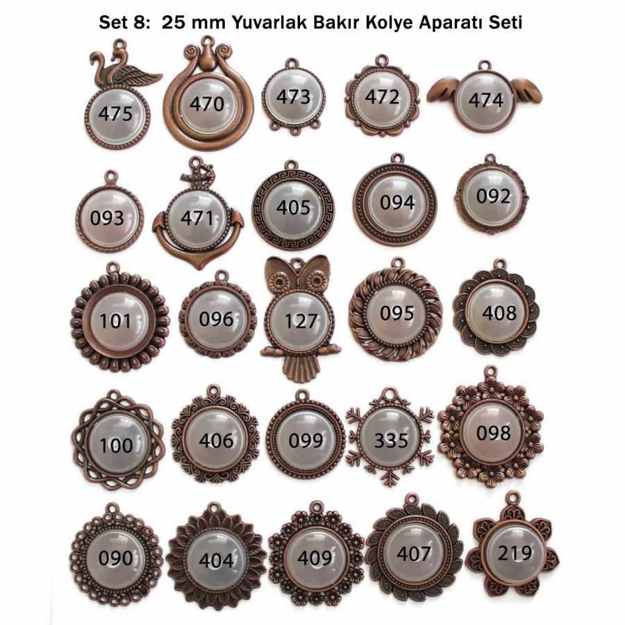 Set 08: Bakır Renk 25 mm Zincirli Yuvarlak 25 li Metal Kolye Aparatı Seti