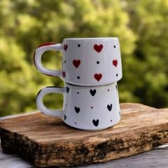 Seramik El İşi Klasik Kırmızı Siyah Kalp Sevgili Kupa Bardak Mug