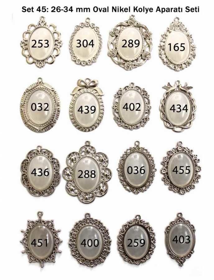 Set 45:  Nikel Renk 26-34 mm Zincirli Oval 16 lı Metal Kolye Aparatı Seti