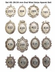 Set 45:  Nikel Renk 26-34 mm Zincirli Oval 16 lı Metal Kolye Aparatı Seti