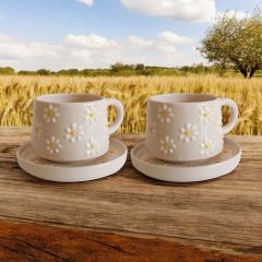 2 Kişilik Tabaklı Seramik El Işi Çayır Papatya Desenli Kupa Bardak Mug