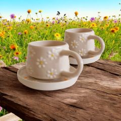 2 Kişilik Tabaklı Seramik El Işi Çayır Papatya Desenli Kupa Bardak Mug