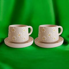 2 Kişilik Tabaklı Seramik El Işi Çayır Papatya Desenli Kupa Bardak Mug