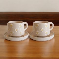 2 Kişilik Tabaklı Seramik El Işi Çayır Papatya Desenli Kupa Bardak Mug