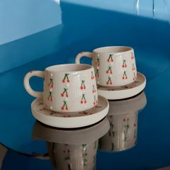 2 Kişilik Tabaklı Seramik El Işi Baby Kiraz Desenli Kupa Bardak Mug