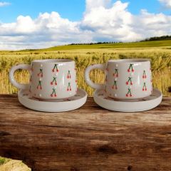 2 Kişilik Tabaklı Seramik El Işi Baby Kiraz Desenli Kupa Bardak Mug
