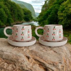 2 Kişilik Tabaklı Seramik El Işi Baby Kiraz Desenli Kupa Bardak Mug