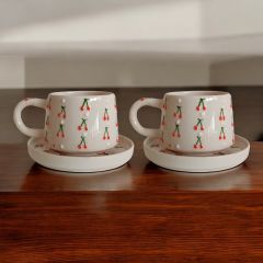 2 Kişilik Tabaklı Seramik El Işi Baby Kiraz Desenli Kupa Bardak Mug