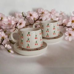 2 Kişilik Tabaklı Seramik El Işi Baby Kiraz Desenli Kupa Bardak Mug