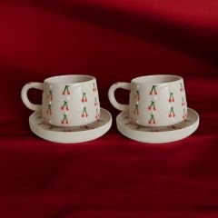2 Kişilik Tabaklı Seramik El Işi Baby Kiraz Desenli Kupa Bardak Mug