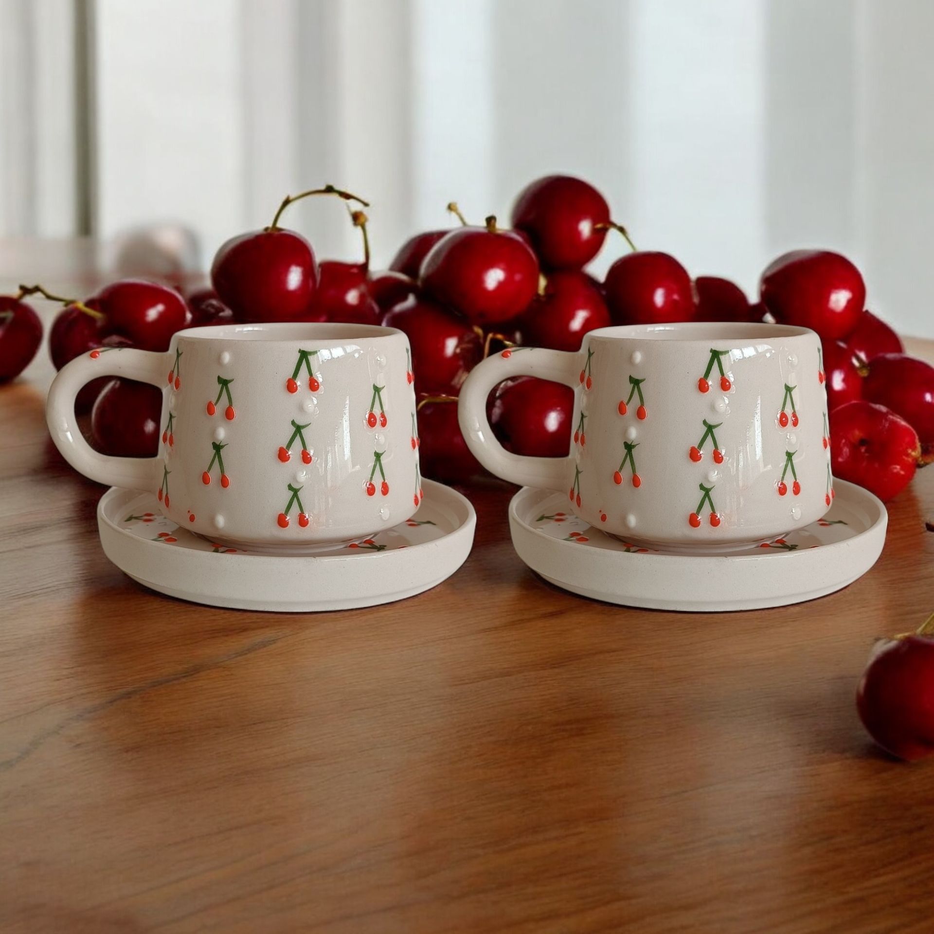 2 Kişilik Tabaklı Seramik El Işi Baby Kiraz Desenli Kupa Bardak Mug