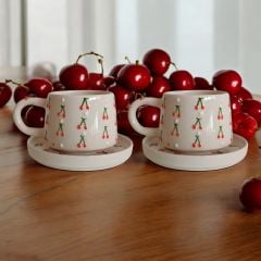 2 Kişilik Tabaklı Seramik El Işi Baby Kiraz Desenli Kupa Bardak Mug