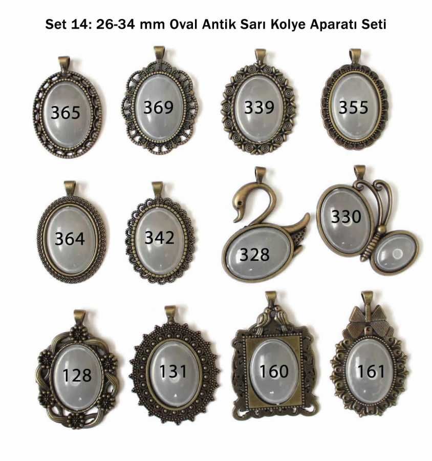 Set 14: Antik Sarı Renk 26-34 mm Zincirli Oval  12 li Metal Kolye Aparatı Seti