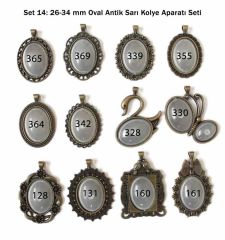 Set 14: Antik Sarı Renk 26-34 mm Zincirli Oval  12 li Metal Kolye Aparatı Seti