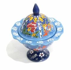 İlbay Açık Mavi Renkli Ayaklı Kapaklı Çini Seramik Şekerlik 684