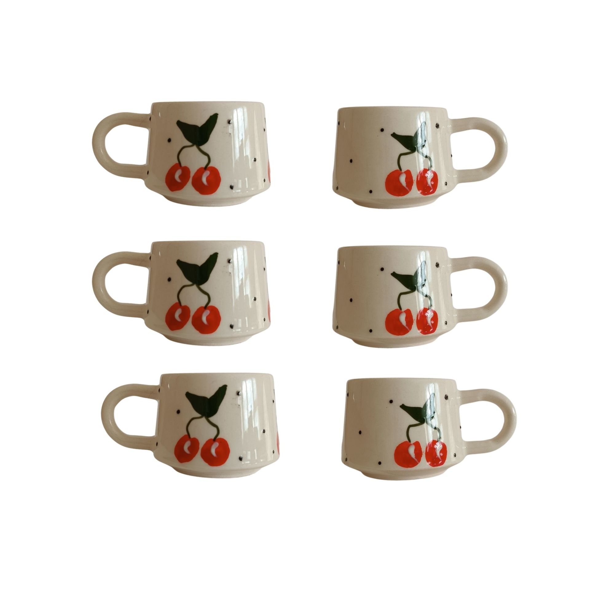 6 Adet  El İşi Klasik Seramik Kiraz Desenli Kupa Bardak Mug