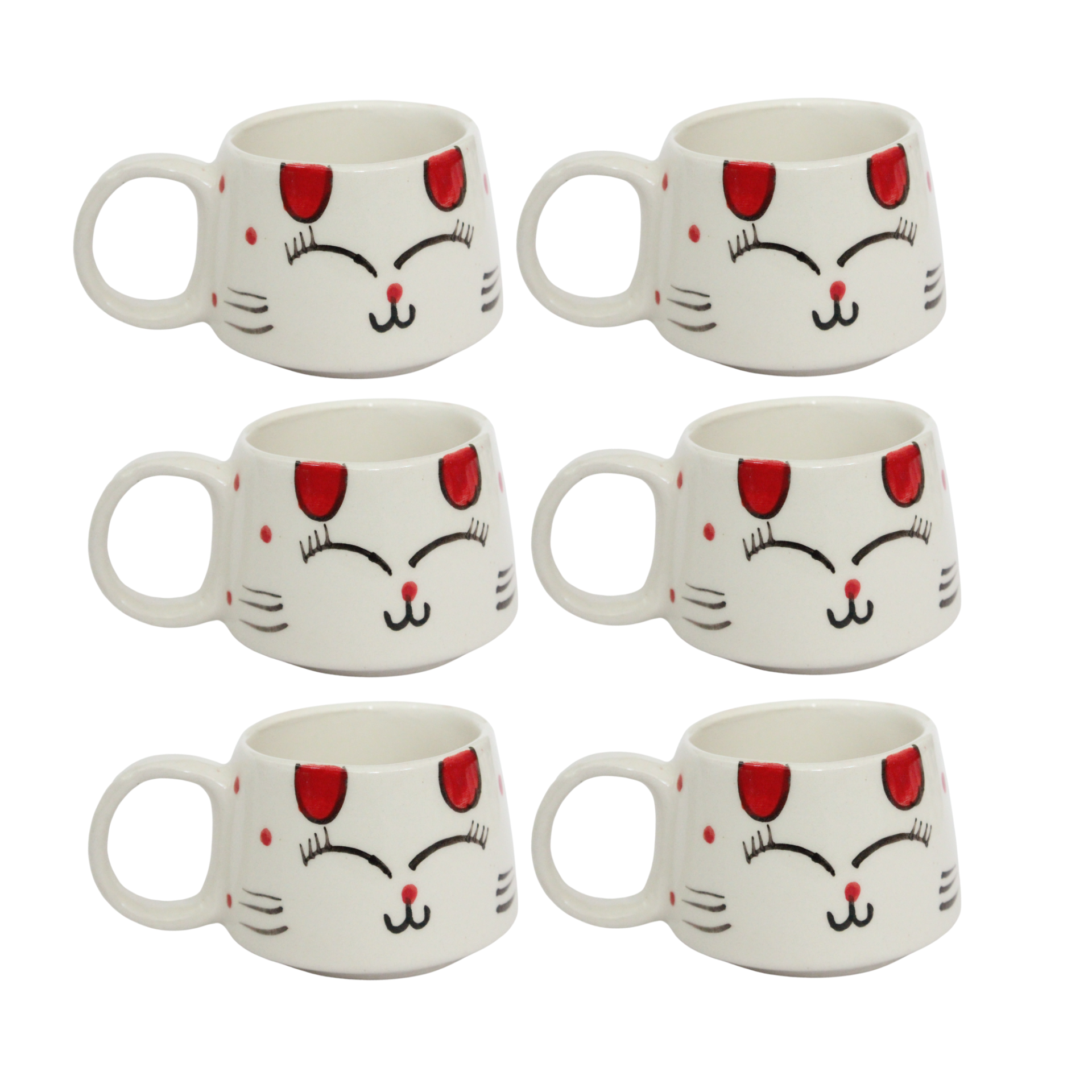 6 Adet  El İşi Seramik Klasik Kırmızı Kulak Desenli Kupa Bardak Mug