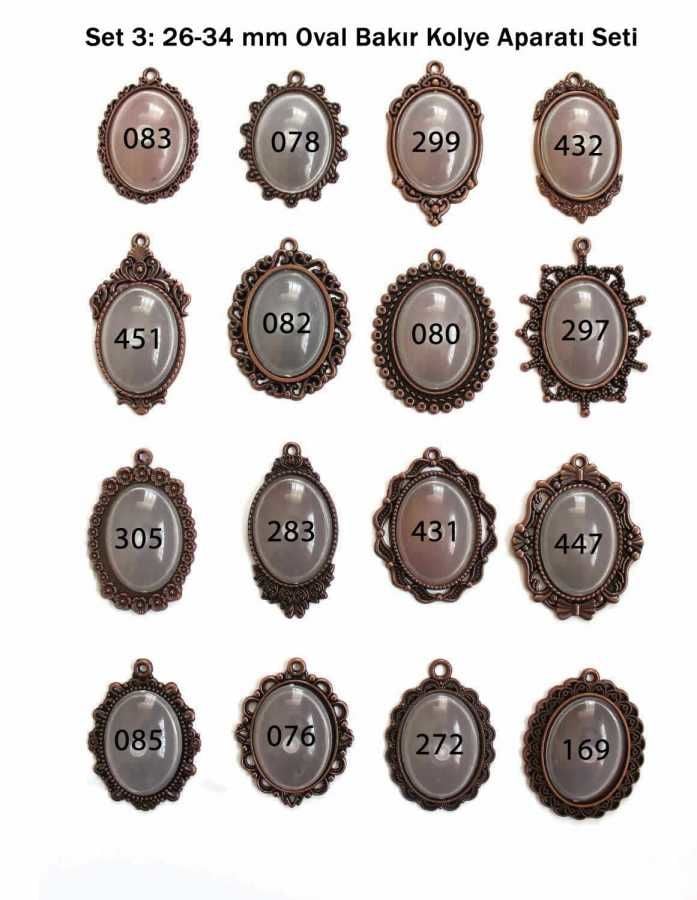 Set 03: Bakır Renk 26-34 mm Zincirli Oval 16 lı Kolye Aparatı Seti