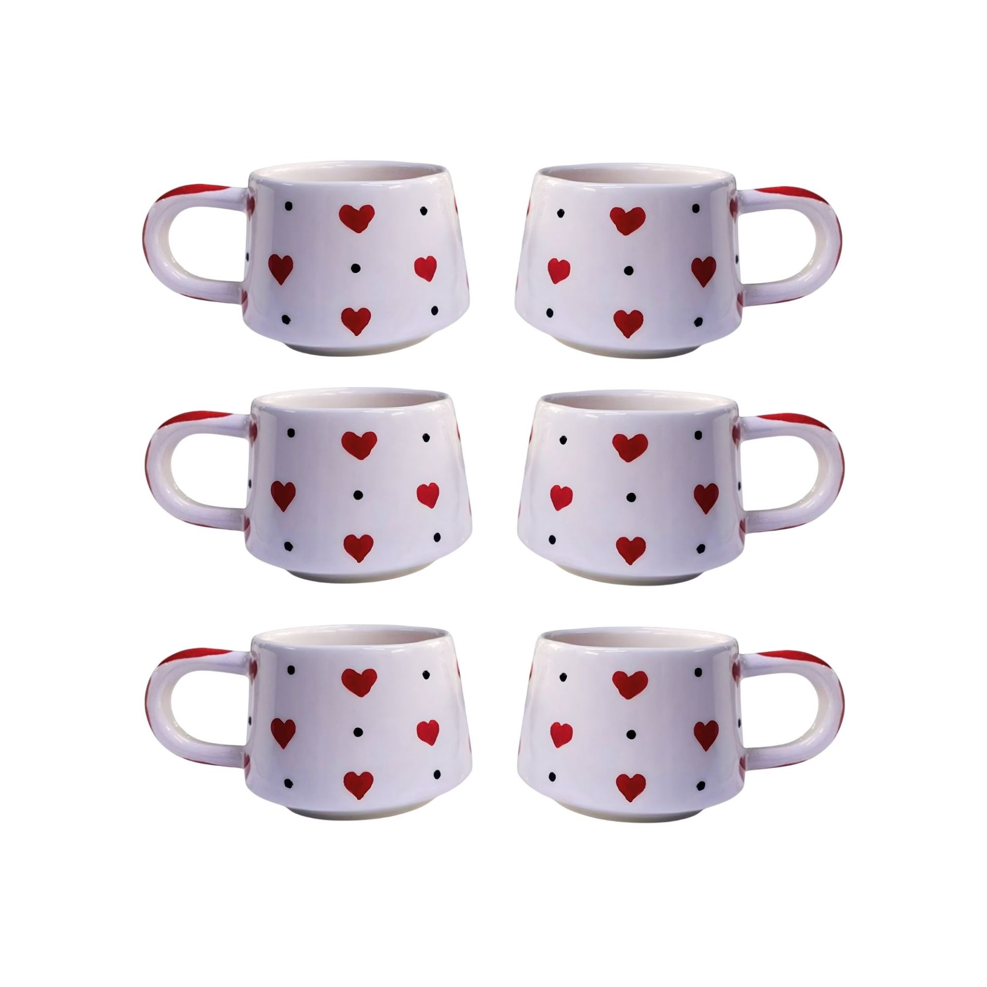 6 Adet  El İşi Seramik Klasik Kırmızı Kalp Desenli Kupa Bardak Mug