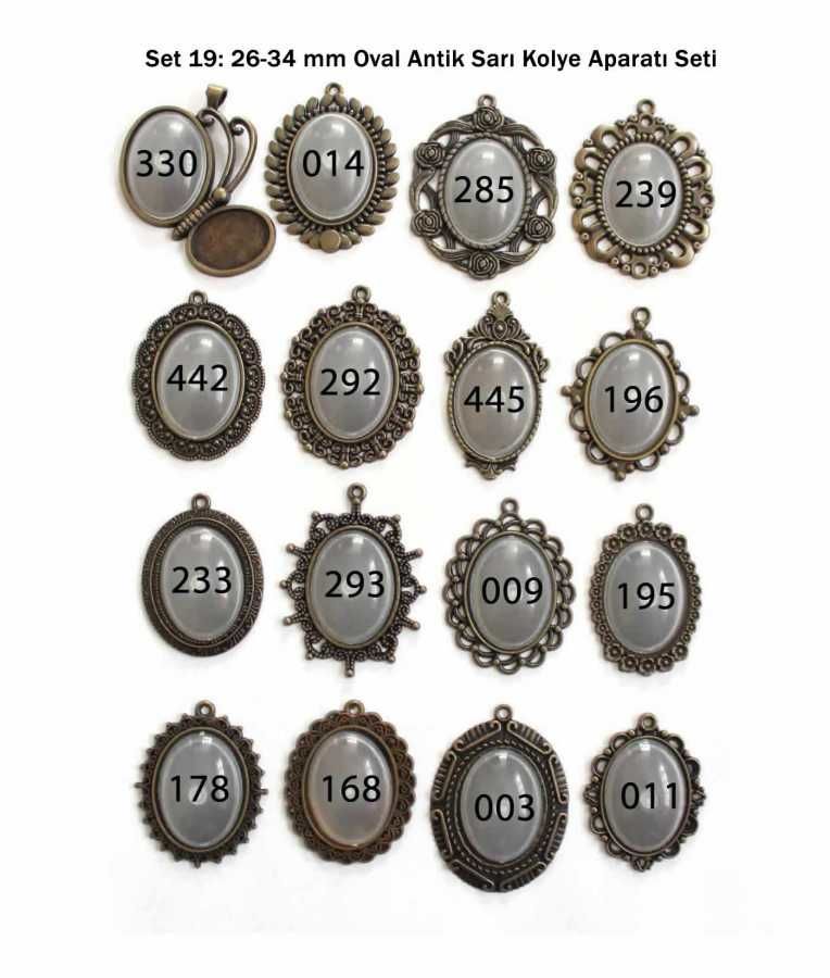Set 19:  Antik Sarı Renk 26-34 mm Zincirli Oval 16 lı Metal Kolye Aparatı Seti