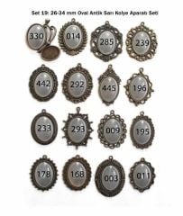 Set 19:  Antik Sarı Renk 26-34 mm Zincirli Oval 16 lı Metal Kolye Aparatı Seti