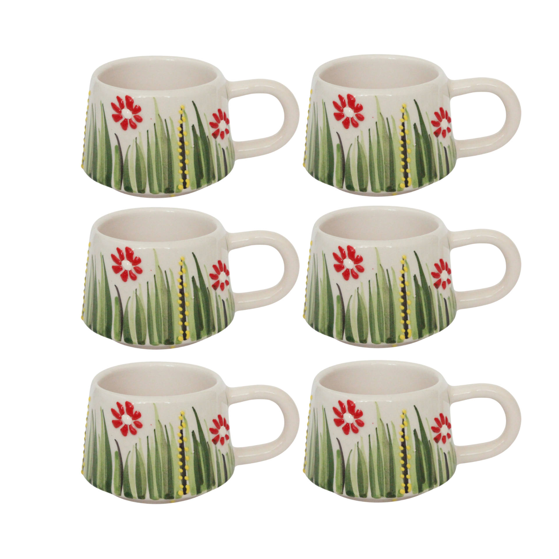 6 Adet  El İşi Seramik Klasik Kırmızı Papatya Desenli Kupa Bardak Mug