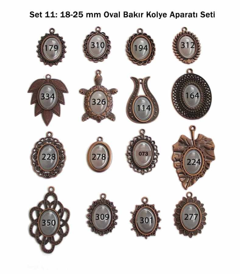 Set 11:  Bakır Renk 18-25 mm Zincirli Oval 16 lı Metal Kolye Aparatı Seti