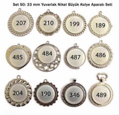 Set 50: Nikel Renk 33 mm Zincirli Yuvarlak 12 li Büyük Metal Kolye Aparatı Seti