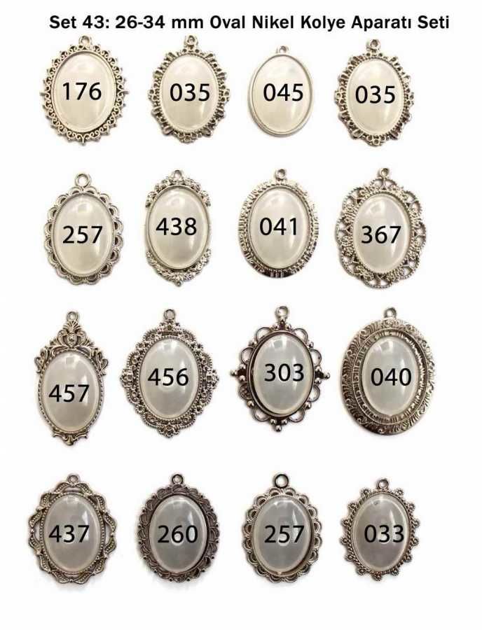 Set 43: Nikel Renk 26-34 mm Zincirli Oval Nikel 16 lı Zincirli Kolye Aparatı Seti
