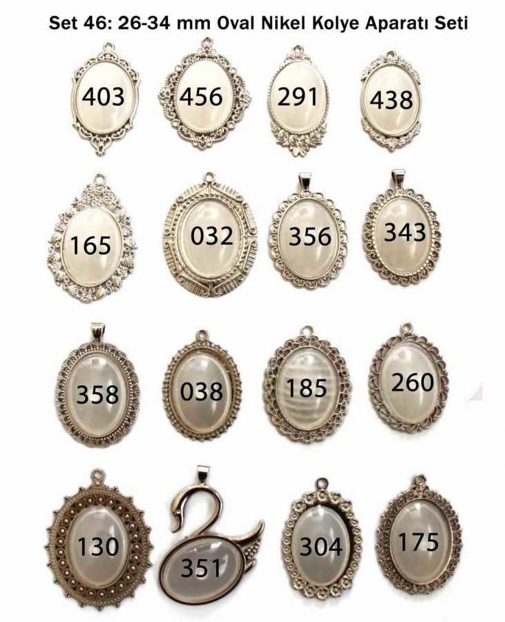Set 46: Nikel Renk 26-34 mm Zincirli Oval 16 lı Metal Kolye Aparatı Seti