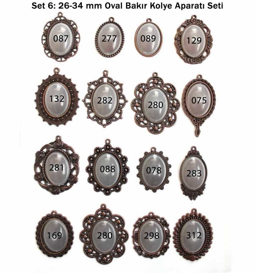Set 06:  Bakır Renk 26-34 mm Zincirli Oval 16 lı Kolye Aparatı Seti