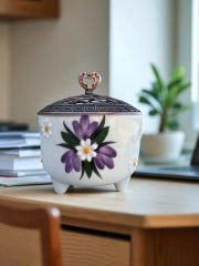 Lila Çiğdem Çiçeği Desenli Metal Kapaklı Seramik Ayşen Şekerlik