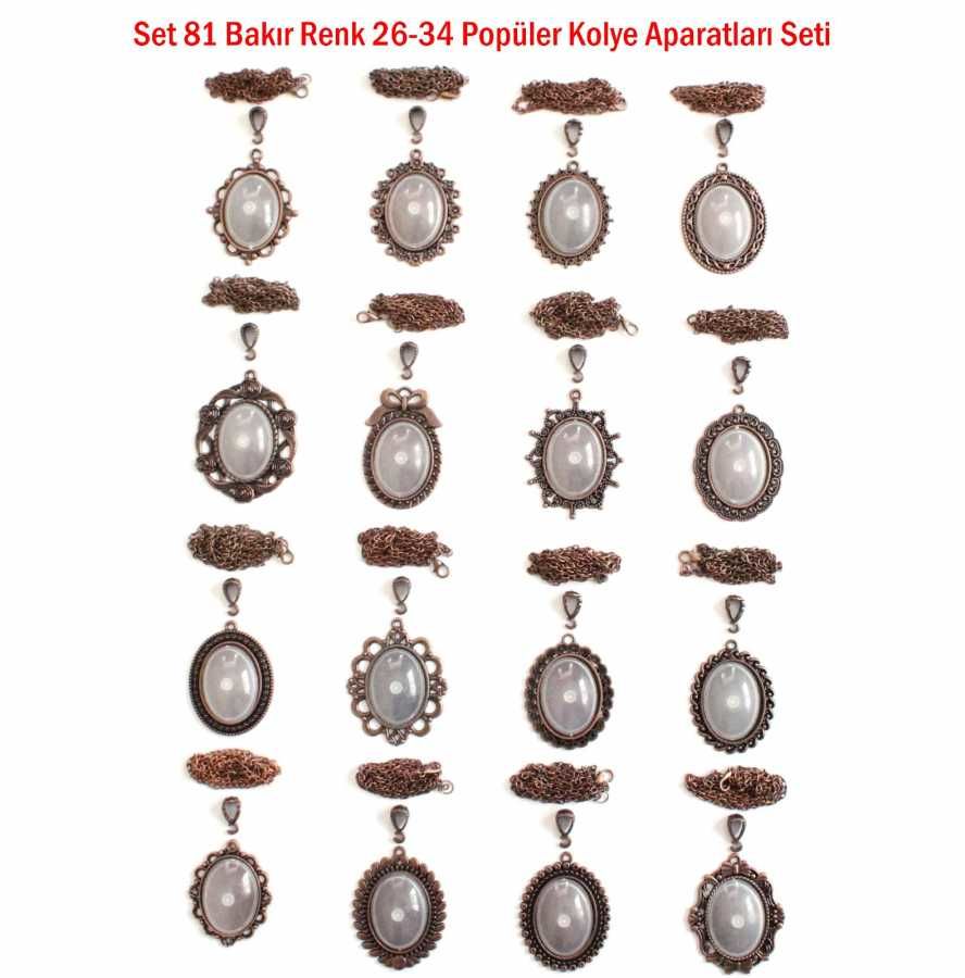 Set 81 : Bakır Renk 26-34 mm Zincirli 16 lı Oval Metal Kolye Aparatları Seti