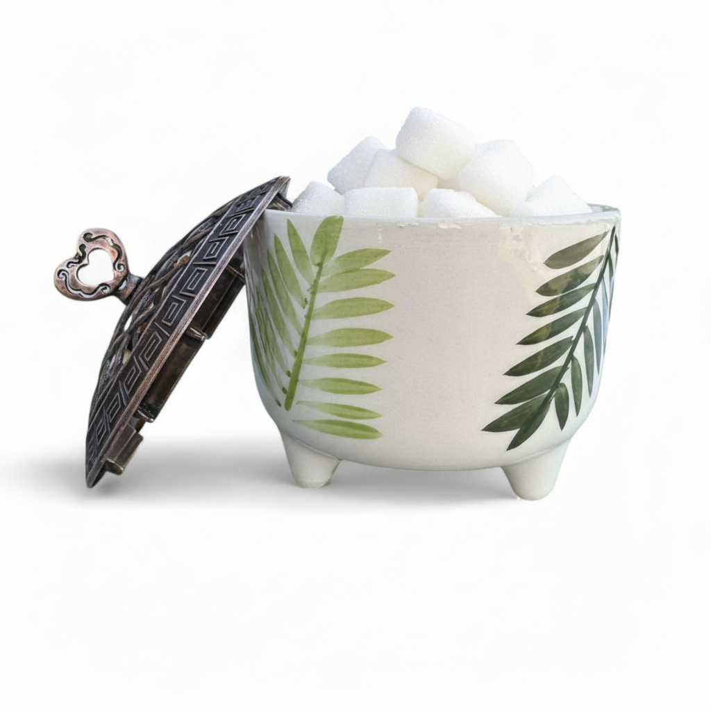 Ayşen Palmiye Yaprağı Desenli Metal Kapaklı Seramik Şekerlik