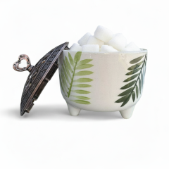 Ayşen Palmiye Yaprağı Desenli Metal Kapaklı Seramik Şekerlik