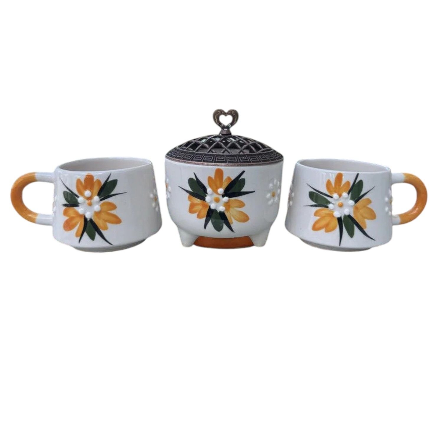 Sarı Çiğdem Çiçeği Desenli 2 Adet El İşi Seramik Kupa 1 Adet Ayşen Şekerlik