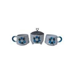 Mavi Çiğdem Çiçeği Desenli 2 Adet El İşi Seramik Kupa 1 Adet Ayşen Şekerlik