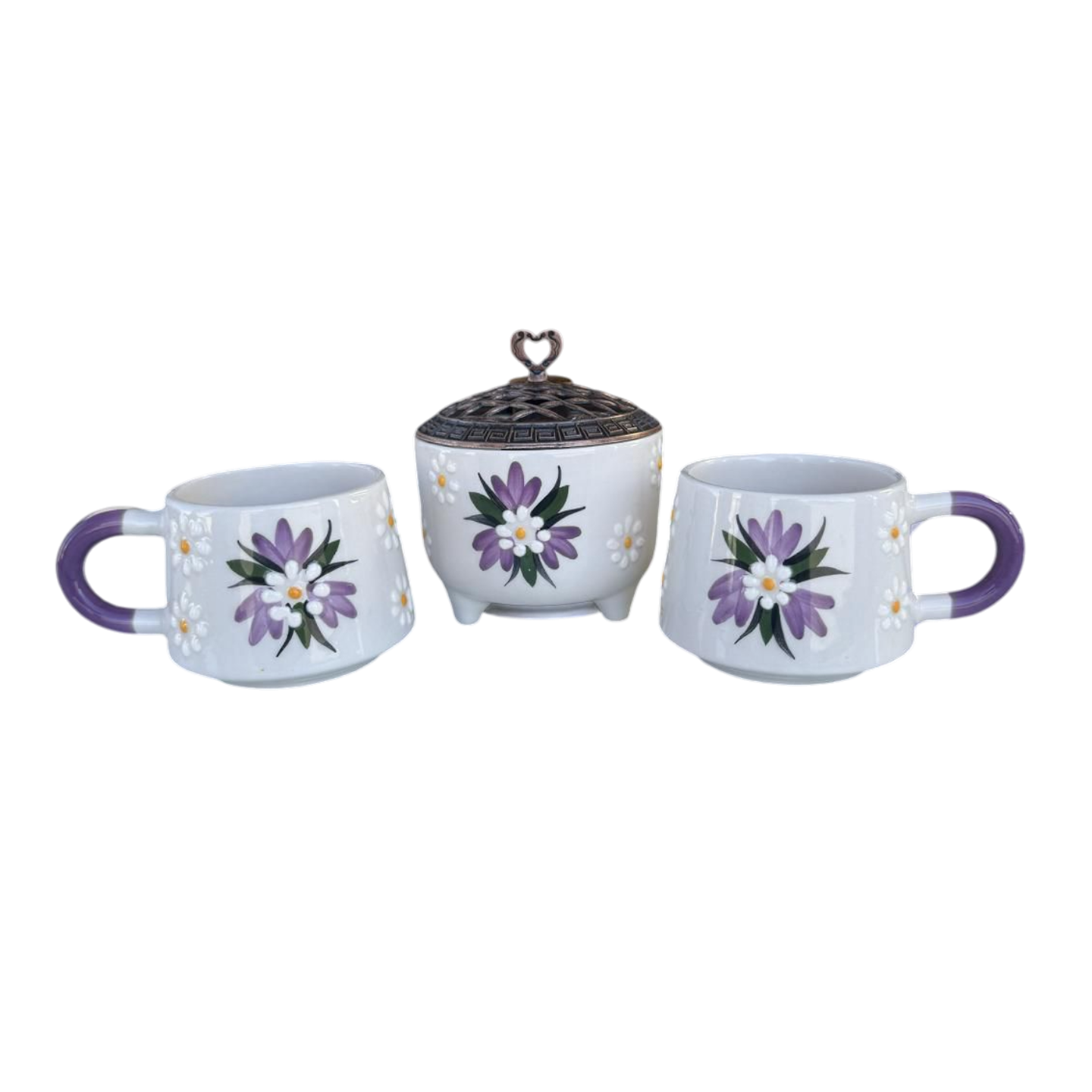 Lila Çiğdem Çiçeği Desenli 2 Adet El İşi Seramik Kupa 1 Adet Ayşen Şekerlik