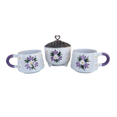 Lila Çiğdem Çiçeği Desenli 2 Adet El İşi Seramik Kupa 1 Adet Ayşen Şekerlik