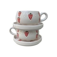 Çilek Desenli 2 Adet El İşi Seramik Beren Tabaklı Kupa