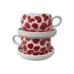 Kırmızı Dalmaçya Desenli 2 Adet El İşi Seramik Beren Tabaklı Kupa