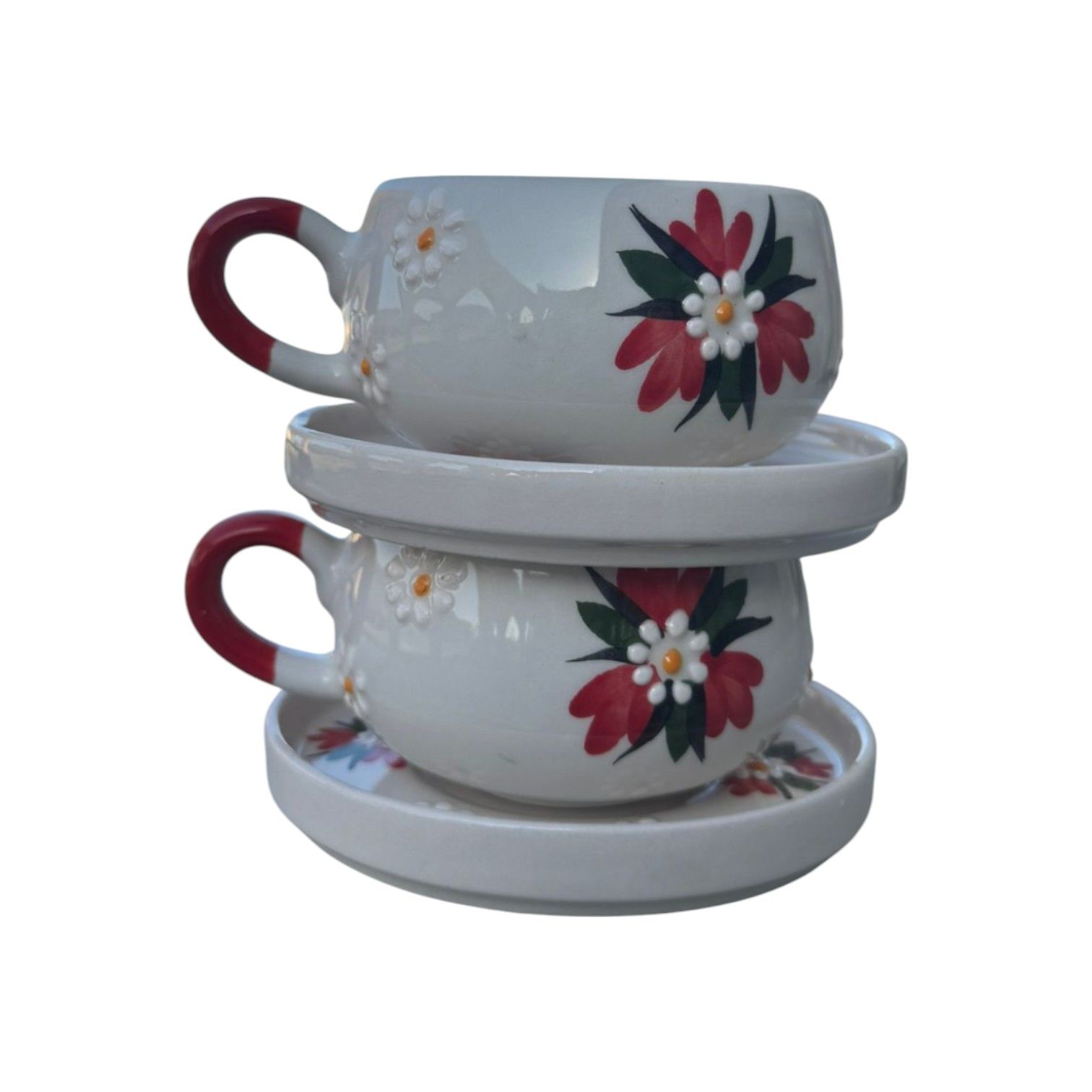 Kırmızı Çiğdem Çiçeği Desenli 2 Adet El İşi Seramik Beren Tabaklı Kupa