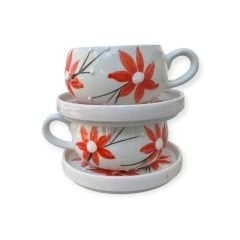 Kırmızı Zambak Çiçeği Desenli 2 Adet El İşi Seramik Beren Tabaklı Kupa