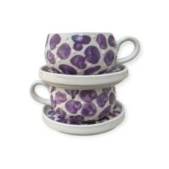 Lila Dalmaçyalı Desenli 2 Adet El İşi Seramik Beren Tabaklı Kupa