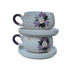 Lila Çiğdem Çiçeği Desenli 2 Adet El İşi Seramik Beren Tabaklı Kupa