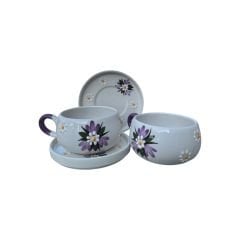 Lila Nar Çiçeği Desenli 2 Adet El İşi Seramik Beren Tabaklı Kupa