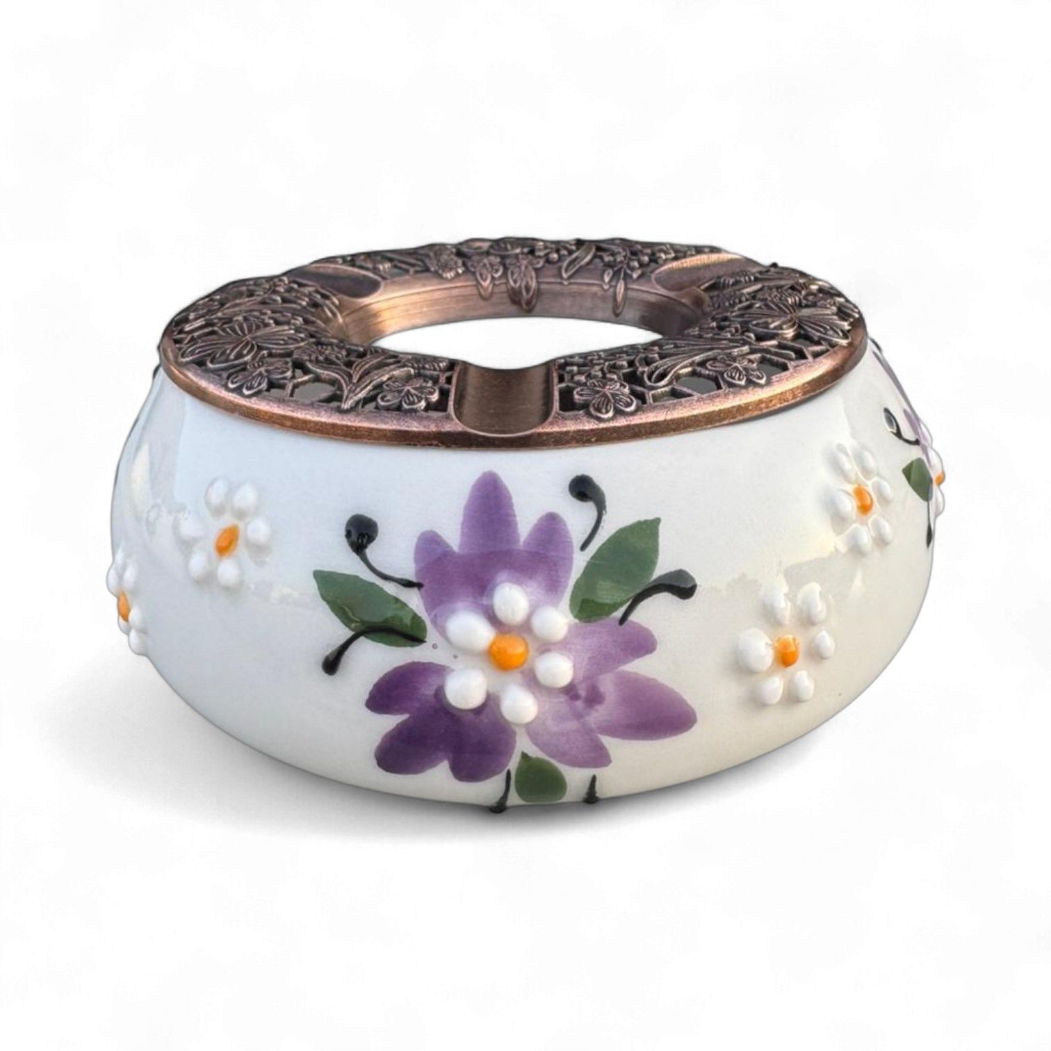 Lila Çiğdem Çiçeği Desenli Metal Kapaklı El İşi Seramik Küllük | Rüzgar Küllüğü | Dış Mekan Küllüğü