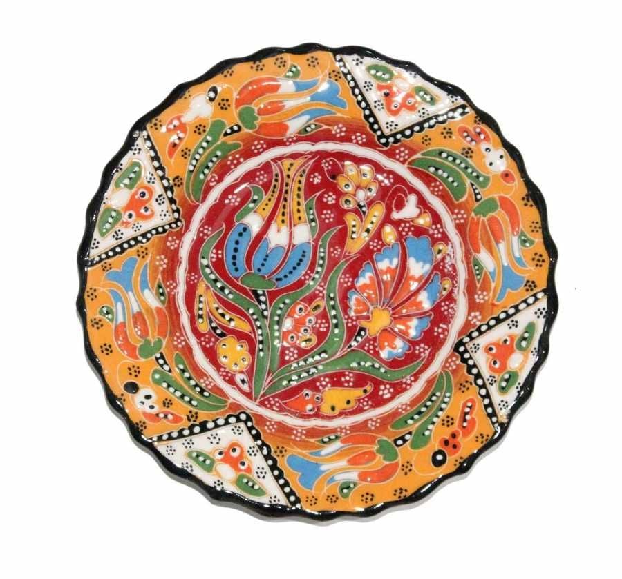 18 cm Otantik Desenli Dekoratif Çini Seramik Tabak - Turuncu