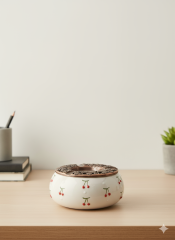 Baby Kiraz Desenli Metal Kapaklı El İşi Seramik Küllük | Rüzgar Küllüğü | Dış Mekan Küllüğü